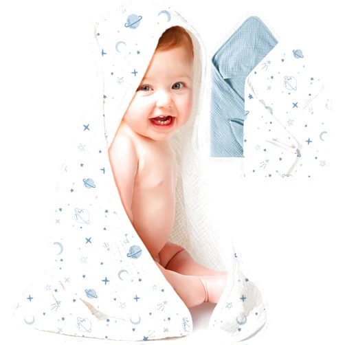 Konssy 2-Pack Muslin Hooded Baby Towels, 100% Cotton, Ultra-Soft & Absorbent Baby Bath Towels with Hood for Newborn & Infant (Blue, Star,30