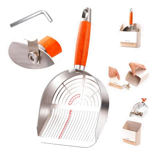 TabifurKitc Stainless Steel Cat Litter Scoop with Holder, Small Broom & Dustpan - Durable, Anti-Break Handle, Dual-Width Holes for Quick Cleaning