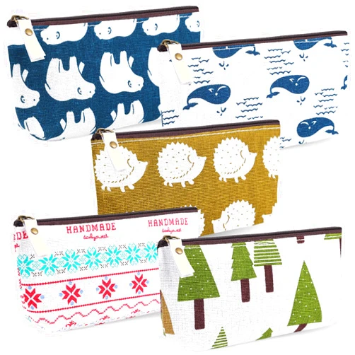 Koogel 5PCS Canvas Cosmetic Bags, Cute Canvas Zipper Makeup Pouches, 5 Styles Multi-functional Small Travel Toiletry Bags for Women Girls