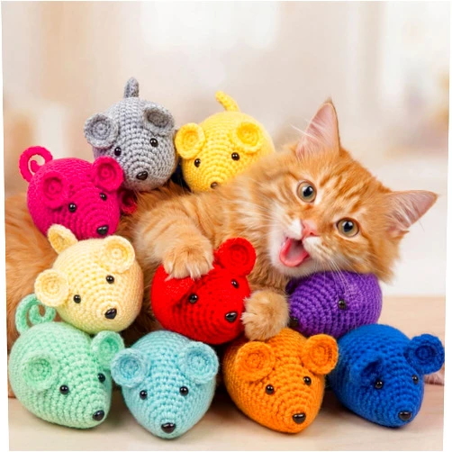 Outus 10 Pcs 3.5inch Crochet Mice Cat Toys Bulk Interactive Cat Mouse Toys Knitted Chew Animals Toy for Indoor Cats Kittens Cleaning Teething Kicker Chasing and Batting