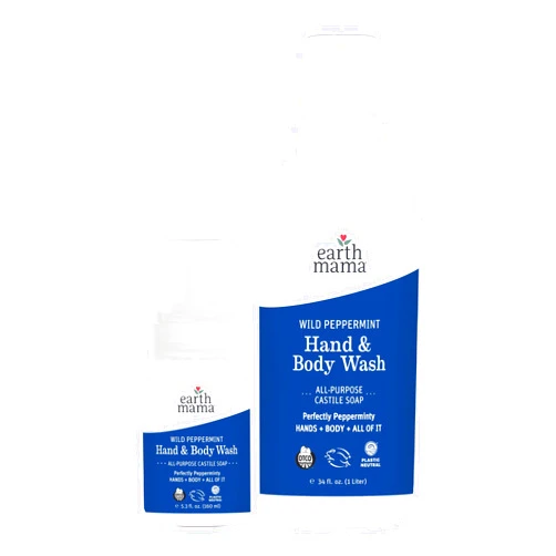 Earth Mama Wild Peppermint Hand & Body Wash Refill | Foaming Castile Soap Liquid and Hand Soap, Made with Organic Wild Mint & Peppermint Oil, 5.3floz & Liter Refill
