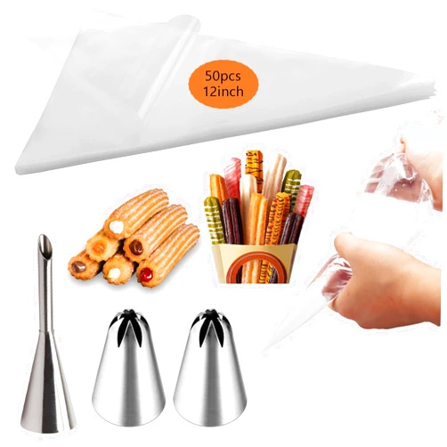 DEROWER Churrera Churro Maker and Filler: Large Piping Tip for Churros Mexicanos - Easy Icing Nozzle Stainless Steel - Puff Filling Inject Kit Disposable Pastry Bag Set