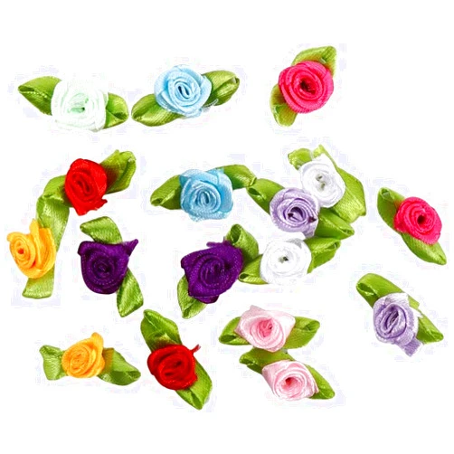 Jowxsx 100 Pcs Multicolor Mini Ribbon Rose Flower Ornament, Satin Fabric Rose Buds with Leaves, Mixed Color Roses Sewing Appliques Trim and Embellishments for Jacket Skirt Decor