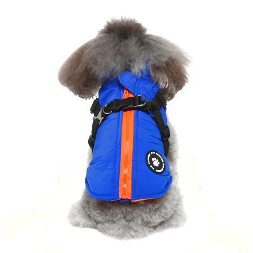 MeiAOBest Dog Winter Coat Harness Jacket with Zipper Dog Vest Harness Outfit Cold Weather Costume for Puppy Small Medium Dog (S, Blue)
