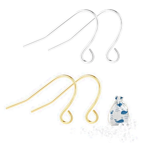 Lousuip 925 Sterling Earring Hooks 200PCS Silver+14K Gold Jewelry Making Supplies Hypoallergenic Ear Wires Fish Hook Earring Findings with 200PCS Clear Rubber Earring Backs for DIY Jewelry Making Bulk