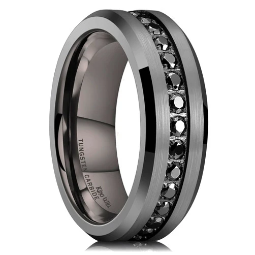 King Will GEM Mens 8mm Black/Silver/Gunmetal/Rose Gold Polished Finish Tungsten Carbide Ring Cubic Zircon Stones Flat Style