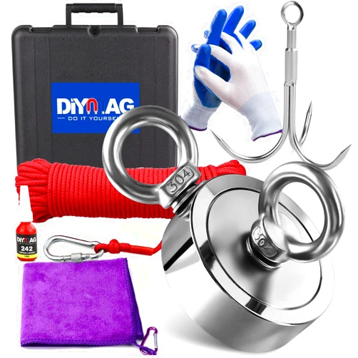 DIYMAG Fishing Magnet Kit, 800 LBs Pulling Force, Super Strong Neodymium Fishing Magnets Kit with Case, 20m (65 FT) Durable Rope，Gloves，Grappling Hook，Carring Bag，Towel and Thread Locker