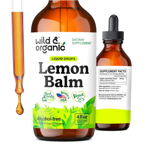 Wild & Organic Lemon Balm Tincture - Mood Support Supplement - Melissa Lemon Balm Leaf Extract Drops - Vegan, Sugar & Alcohol-Free Calming Supplement - 4 fl oz