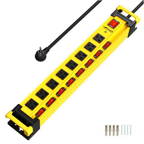 Plug'n 8 Outlet Long Power Strip,2700J Surge Protector with Individual Switches,Wide Spaced,Heavy Duty Power Strip with 6FT/14AWG/15A Power Cord and Flat Plug for Workshop,Garage,Industrial,Home