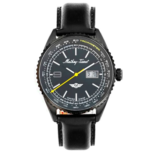 Mathey-Tissot Atlas Collection Men’s Three-Hand Date Watch – 43mm Black Stainless Steel Case, Black Dial with Tachymeter and Date Window, Swiss Heritage Design with Leather Strap