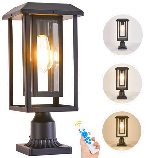 SCNYCUL Solar Lamp Post Lights for Outdoor with Pier Mount Base, Dusk to Dawn Waterproof Pole Light Head with Remote Control, Exterior Solar Powered Large Pillar Lights Fixture for Patio, Pathway, Black