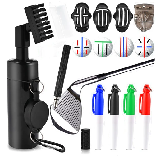 GOLDGE 10pcs Complete Golf Essentials Kit - Including Pro Club Brush Cleaner with Retainer Clip, Squeeze Water Bottle, Groove Sharpener & 8 Pcs Precision Ball Markers (4 Stencils & 4 Markers)