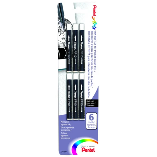 Pentel Arts Pocket Brush Refills, Black Ink, Pack of 6 (FP10BP6A)