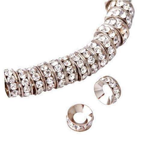 PH PandaHall 100pcs 9~10mm Crystal Rhinestone Spacer Beads Silver Plated Brass Rondelle Spacer Beads for Jewelry Making