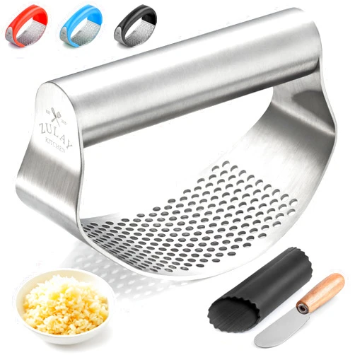 Zulay Kitchen Stainless Steel Garlic Press Rocker Set - Time Saving, Durable Strong Garlic Mincer Tool - Easy to Use & Clean Garlic Crusher Set with Peeler and Scraper Kitchen Gadget Smasher