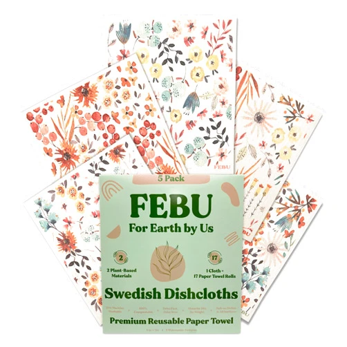 FEBU Swedish Dishcloths for Kitchen | 5 Pack Watercolor Dish Towels | Reusable Paper Towels Washable | Non-Scratch Cellulose Sponge Cloths | No Odor, Biodegradable, Swedish Cloths