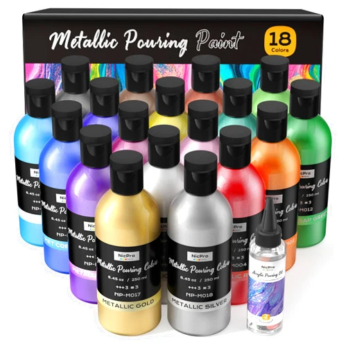 Nicpro 18 Colors 8.45oz Metallic Acrylic Pour Paint Supplies Kit, Large Volume Ready to Pour Premixed High Flow Pouring Paint Set with Silicone Pouring Oil, Gloves, Instructions for Beginner DIY