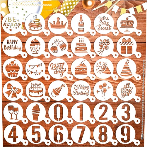 JULBEAR Birthday Cookie Stencils, 36 Pieces Reusable Coffee Decoration Stencils Templates Tools for Cookies Baking Painting Dessert Decoration DIY Birthday Party Decor