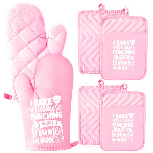 GROBRO7 6Pcs Cotton Oven Mitts Pot Holders Funny Women Resistant Hot Pads Machine Washable Microwave Gloves with Hanging Loop Pocket Potholder for Kitchen Baking Cooking GrillingPink