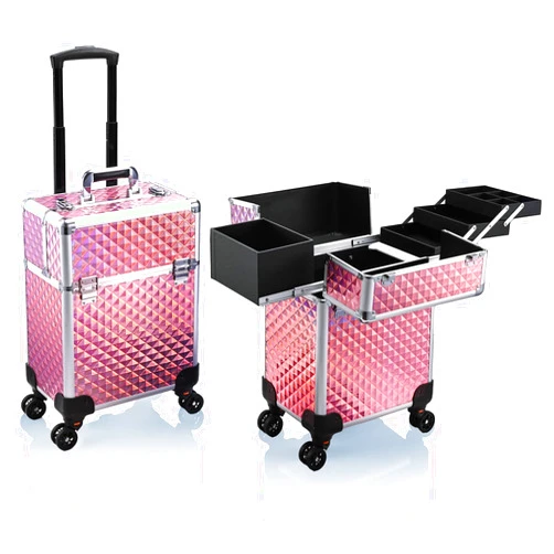 Stagiant Rolling Makeup Train Case Large Storage Cosmetic Trolley 4 Tray with Sliding Rail Removable Middle Layer with Key Swivel Wheels Salon Barber Case Traveling Cart Trunk
