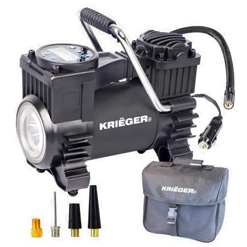 K KRIËGER Air Compressor Portable Tire Inflator 12V DC Air Pump for Car Tires with Digital Tire Pressure Gauge 120 Max PSI Preset Pressure Feature, LED, Digital Display Includes Storage Bag