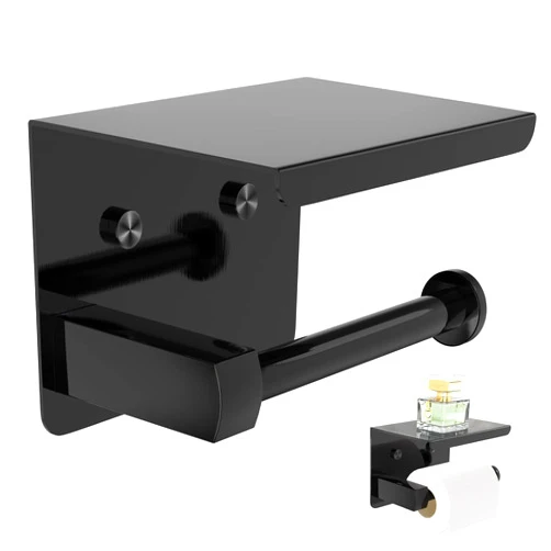 Liyehard Toilet Paper Holder with Shelf Self Adhesive Toilet Roll Holder, Wall Mount Toilet Paper Holder Black Toilet Paper Holder Stand, No Drilling Required Tissue Holder SUS 304 Stainless SteeI(Black)