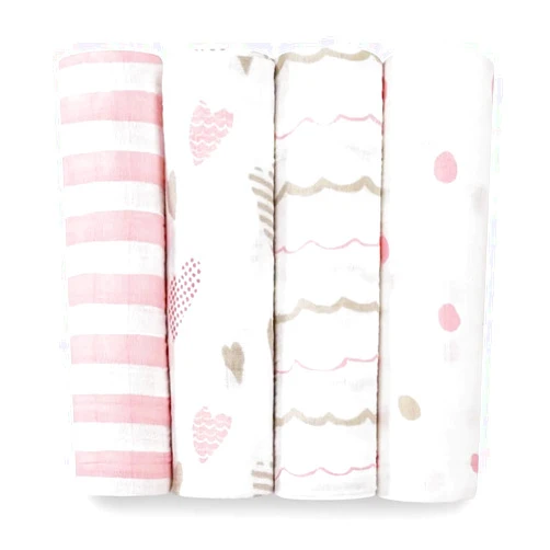 aden + anais Boutique Muslin Swaddle Blanket for Baby Girls and Boys, Newborn Receiving Blanket for Swaddling, 100% Muslin Cotton Swaddle Wrap, 4 Pack, Heart Breaker
