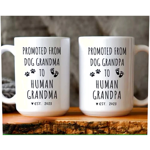 Kisho Set of 2 Mugs - Promoted From Dog Grandparents to Human Grandparents - Pregnancy Announcement Gift for New Grandpa and Grandma, Baby Announcement