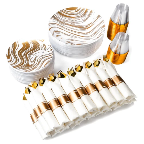 MONEST 350Pcs Gold Plastic Silverware Set for 50 Guests, Disposable Dinnerware Set includes: 50 Pre Rolled Napkins with Utensils, 50 Dinner Plates, 50 Dessert Plates, 50 Cups (Gold Wave)