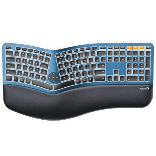 ProtoArc Backlit Wireless Ergonomic Keyboard, EK01 Plus Full Size Ergo Keyboard with Wrist Rest, Split Design, Rechargeable, Bluetooth and USB, Natural Typing Compatible with Windows/Mac/Android, Blue
