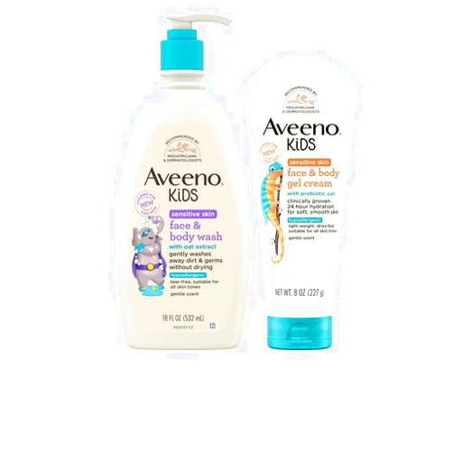 AVEENO BABY Aveeno Kids Sensitive Skin Face & Body Wash With Oat Extract, 18 fl. Oz with Aveeno Sensitive Skin Face & Body Gel Cream for Kids with Prebiotic Oat, 8 oz