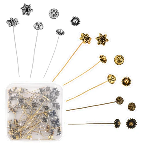 SUNNYCLUE 1 Box 64Pcs 8 Styles 50-54mm Flower Head Pins Antique Tibetan Style Beads Ball Head Pins Brass Jewellery Needles findings for Women Beginners DIY Earring Making Crafts