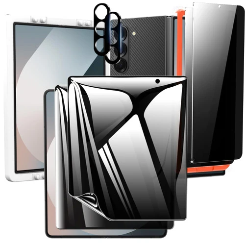 Fotbor for Samsung Galaxy Z Fold 6 Privacy Screen Protector, [Alignment Frame Accessories] + 2X Anti-Spy Soft Inner Film + 2X Black Tempered Glass Front Screen Protector + 2X Camera Lens Protector