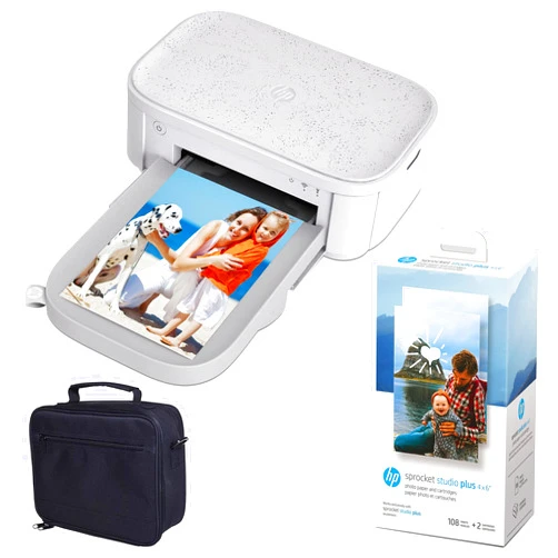 HP Sprocket Studio Plus 4x6” Instant Color Photo Printer – Bundle: Case and Photo Paper, White
