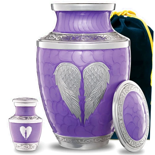 Olivia Memorials Large Purple Urn Angel Wings with ONE Individually Boxed Keepsake