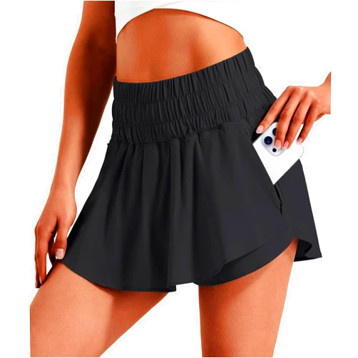 Hugut Women's Ruffle Skirt Overlay High Waisted Tennis Athletic Shorts for Running Workout Golf Two Zipper Pockets