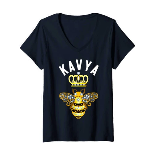 Kavya Name Shirts & Gifts Womens Kavya Name Kavya Birthday Gifts Queen Crown Bee Kavya V-Neck T-Shirt