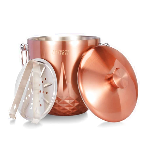 LRYYBTI Ice Bucket with Lid, Double Wall Stainless Steel insulated ice bucket, Champagne Bucket, Wine Bucket for parties, cocktail bar, Copper, 3L