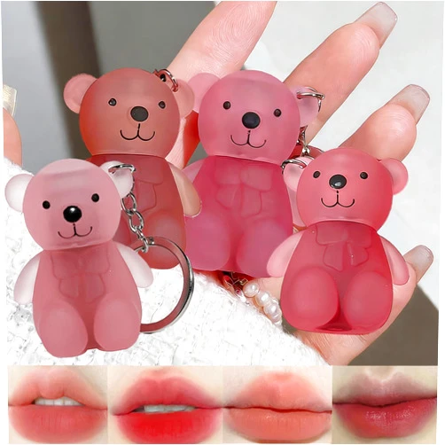 Baorder 4 Colors Velvet Matte Liquid Lipstick Set,Long Lasting Lip Gloss Waterproof Lip Stain,2 in 1 Key Chain Cute Bear Lip Clay,Korean Lip Glaze Natural Lip Makeup