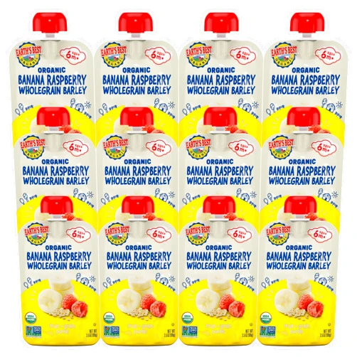 Earth's Best Organic Baby Food Pouches, Fruit and Grain Puree for Babies 6 Months and Older, Organic Banana Raspberry and Whole Grain Barley Puree, 3.5 oz Pouch (Pack of 12) (Packaging May Vary)
