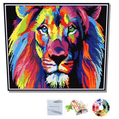 Sifity DIY Lion Painting Embroidery Set Include Instruction, Clothes, Needles, Patter 14CT Cross Stitch Kit 15.75