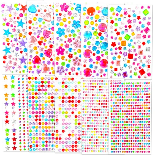 TTKLYN TTKKYN Gem Stickers, 10 Sheets(2118pcs), Self-Adhesive, Colorful Jewels Rhinestone Stickers in Various Shapes and Sizes, Ideal for Kids' Crafts and Scrapbook Supplies