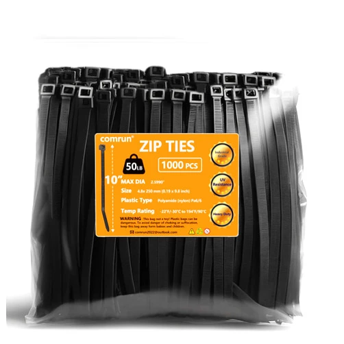 COMRUN 1000pcs 10Inch Nylon Zip Ties, 50 Pounds Tensile Strength, Black Cable Tie,Industrial Grade,UV Resistant,Heavy Duty,for Home,Garden Trellis,Office,Garage and Workshop