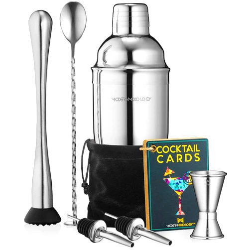 Modern Mixology Mixology Cocktail Shaker Set Drink Mixer, 8-Piece Portable Bartender Kit with 24oz Martini Shaker Barware Tool Set, 2 Pourers, Muddler, Jigger, Mixing Spoon, Velvet Bag, Built-in Strainer (Silver)