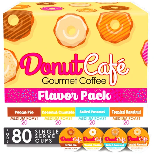 Donut Café - Gourmet Coffee Medium Roast Flavored Variety Pack – Pecan Pie, Coconut Crumble, Salted Caramel, Toasted Hazelnut – Single Serve Coffee Pods for Keurig K Cup Brewers – 80 Count