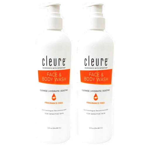Cleure Face and Body Wash for Sensitive Skin, Fragrance Free and pH Balanced - Paraben, Sulfate & Gluten Free (12 oz, Pack of 2)
