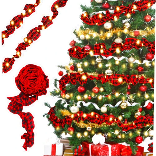 Clothmile 6 Rolls LED Plaid Christmas Tree Garland Rustic Christmas Tree Garland Red and Black Buffalo Plaid Craft Ribbon with LED Lights for Christmas Crafts Decoration, 59 Feet (Red,Black)