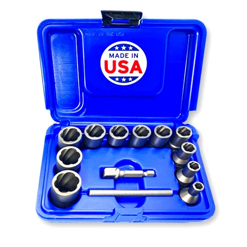 ROCKETSOCKET 13 Piece Bolt Extractor Set | Made in USA Turbo Sockets for Stripped, Rounded, Frozen Bolts & Nuts | ⅜” Drive Impact Grade Lug Nut & Bolt Remover Kit | Nut Extractor Socket Set