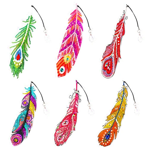 NAIMOER 6Pack Diamond Art Bookmarks Kits, 5D Feather Diamond Art Bookmarks with Tassel Crystal Rhinestone Pendant Bookmark Diamond Art for Adults DIY Project for Home Office School