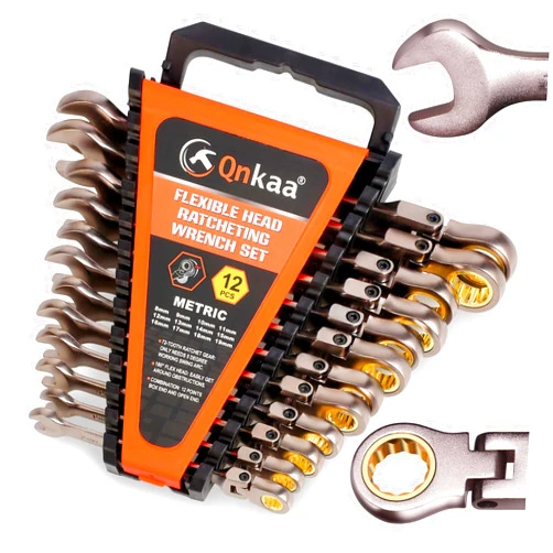 Qnkaa Flexible Ratcheting Wrench Set 12pcs Metric 8-19mm Flex-Head Spanner Gear Ring Ratchet Combination Wrenches Kit with Portable Organizer